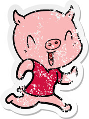 distressed sticker of a happy cartoon pig