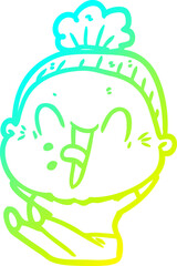 cold gradient line drawing cartoon happy old woman