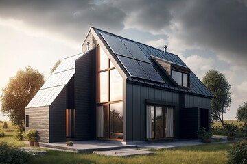 Fototapeta na wymiar Solar powered house.AI technology generated image