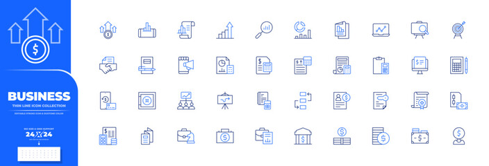 Business icon collection. UI icon. 24x24 pixel. Thin line icon. Editable stroke. Duotone color. profits, analytics, analysis, aim, agreement, agenda, advertisement, accountant, accounting.
