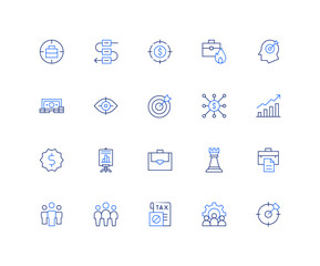 Business icon set. Editable stroke. Duotone color. target, workflow, work, vision, viral marketing, stats, sticker, training, suitcase, tower, teamwork, team leader, tax, team.