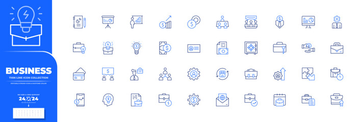 Business icon collection. UI icon. 24x24 pixel. Thin line icon. Editable stroke. Duotone color. business report, business presentation, business, business meeting, business man, business intelligence.