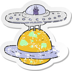 retro distressed sticker of a cartoon flying saucer