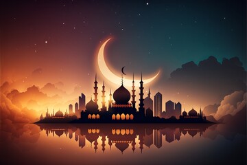 illustration of moon colors mosque with high minaret on the night . AI