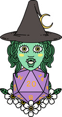 half orc witch with natural twenty dice roll illustration