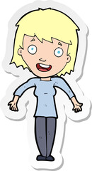 sticker of a cartoon woman shrugging shoulders