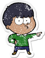 distressed sticker of a cartoon pointing boy