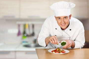 food cooking, professional male chef serving plate
