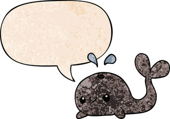 cute cartoon whale and speech bubble in retro texture style