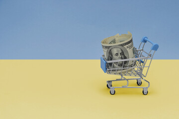 Metal shopping basket with dollar money banknote on the national flag of ukraine background. consumer basket concept. 3d illustration