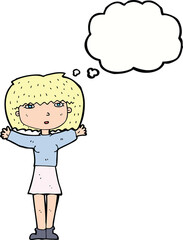 cartoon woman raising arms in air with thought bubble