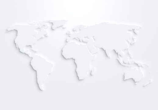 Fototapeta White world map on white background with shadow or 3d effect. High resolution modern and clean world map in black and white.