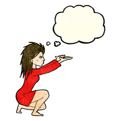 cartoon womn casting spel with thought bubble