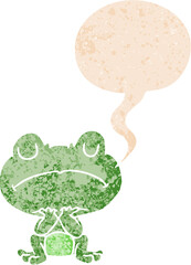 cartoon frog and speech bubble in retro textured style