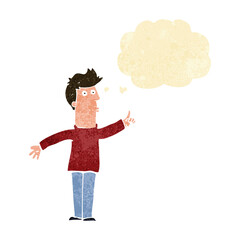 cartoon man advising caution with thought bubble