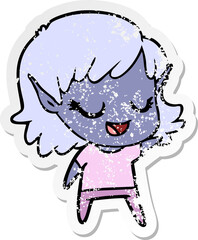 distressed sticker of a happy cartoon elf girl