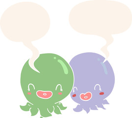 two cartoon octopi  and speech bubble in retro style