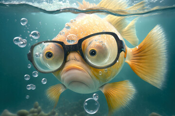 Funny fish with glasses - Generative AI - obrazy, fototapety, plakaty