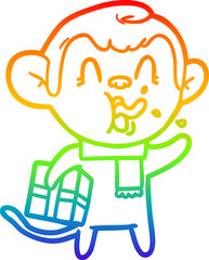 rainbow gradient line drawing crazy cartoon monkey with christmas present