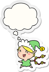 cartoon happy christmas elf and thought bubble as a printed sticker