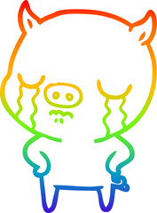 Obraz premium rainbow gradient line drawing cartoon pig crying with hands on hips
