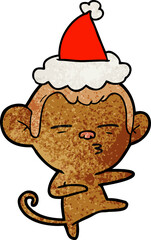 textured cartoon of a suspicious monkey wearing santa hat