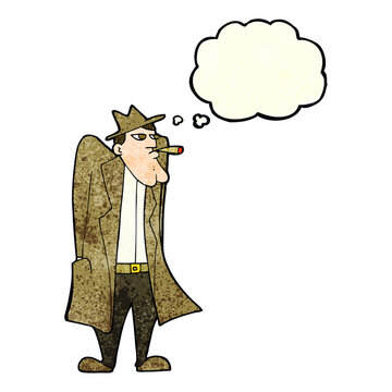 recommend clip art: cartoon man in hat and trench coat with thought bubble