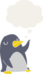 cartoon penguin and thought bubble in retro style