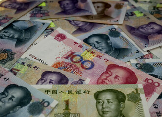 Chinese banknotes. Close up money from China. Chinese yuan. Renminbi.3D render
