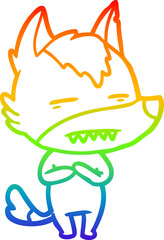 rainbow gradient line drawing cartoon wolf showing teeth