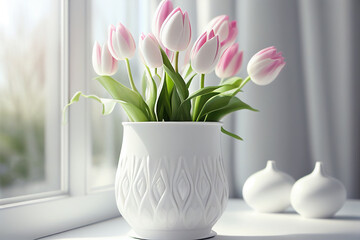 Tulips in a vase on a white table near the window. Scandinavian interior. 