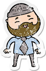 distressed sticker of a cartoon happy bearded man