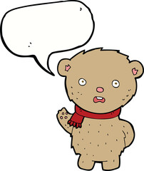 cartoon teddy bear wearing scarf with speech bubble