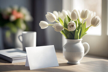 Beautiful bouquet of white tulips in a ceramic vase on table . Mockup for card. Mothers day, women's day, birthday. 