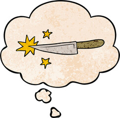 cartoon sharp kitchen knife and thought bubble in grunge texture pattern style