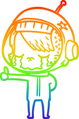 rainbow gradient line drawing cartoon crying astronaut girl making thumbs up sign
