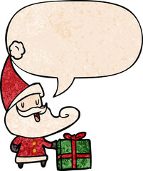 cartoon santa claus and speech bubble in retro texture style