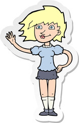 sticker of a cartoon woman waving