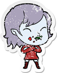 distressed sticker of a cartoon vampire girl with blood on cheek