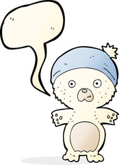 cartoon cute polar bear in hat with speech bubble