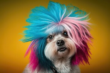 Funny dog with wig on color background. Generative AI