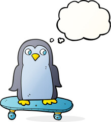 thought bubble cartoon penguin riding skateboard