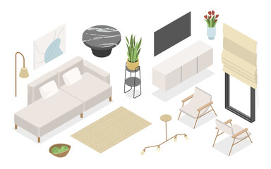 White furniture - modern vector colorful isometric illustrations set - obrazy, fototapety, plakaty