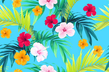 Tropical pattern with green palm leaves and hibiscus flowers. Summer bright blue vector background or textile illustration.