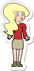 sticker of a cartoon woman shrugging shoulders