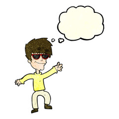 cartoon waving cool guy with thought bubble