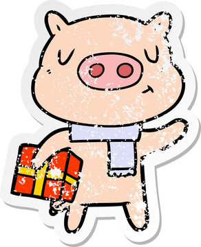 distressed sticker of a cartoon christmas pig