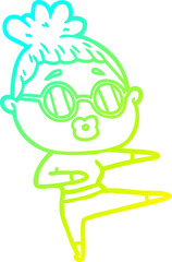 cold gradient line drawing cartoon dancing woman wearing sunglasses