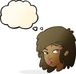 cartoon curious woman with thought bubble