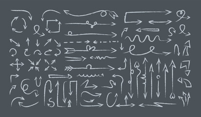 A huge set of arrows. Vector illustration of hand-drawn pointers. Doodle wavy and curved pointer elements with swirls 